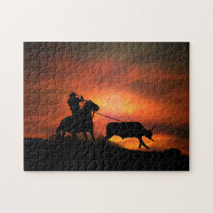 Country Western Cowboy Roping with Horse Jigsaw Puzzle