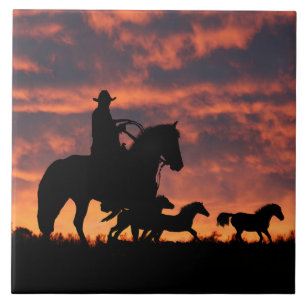 Country Western Cowboy Roundup Herd of Horses Ceramic Tile