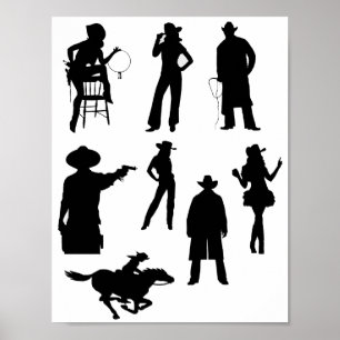 Country western cowboys cowgirls rodeo silhouettes poster