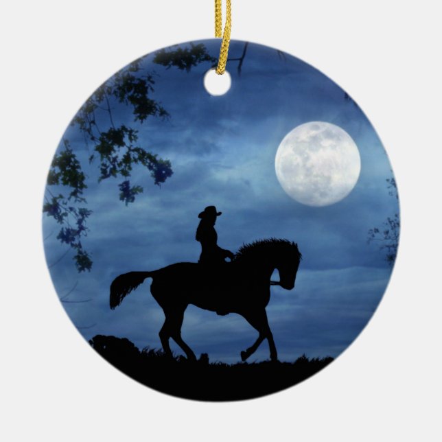 Country Western Cowgirl and Horse Full Moon Ceramic Ornament (Front)