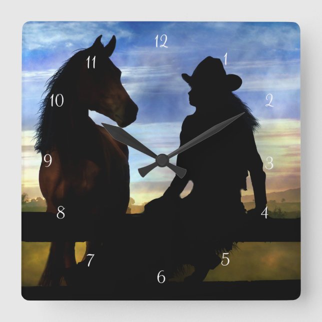 Country Western Cowgirl and Horse Square Wall Clock (Front)