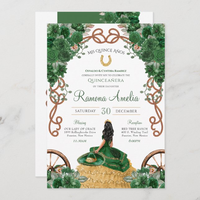 Country Western Emerald Green Floral Quinceañera Invitation (Front/Back)