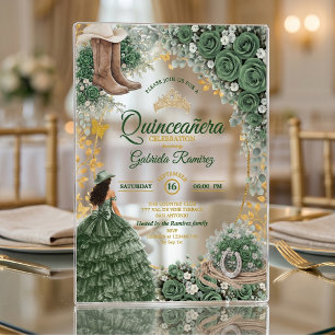 Country Western Emerald Green Roses Quinceañera Acrylic Invitations