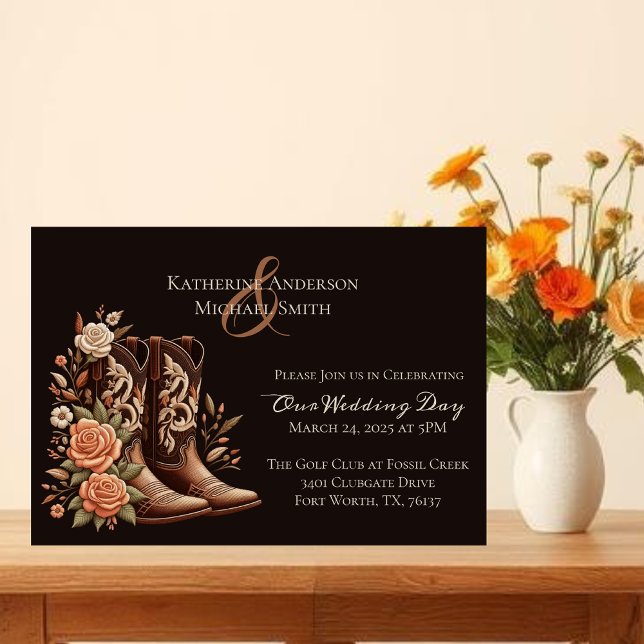 Country Western Flowers with Cowboy Boots Invitation (Modern Elegant Country Western-Cowboy Boots with Flowers Invitation)