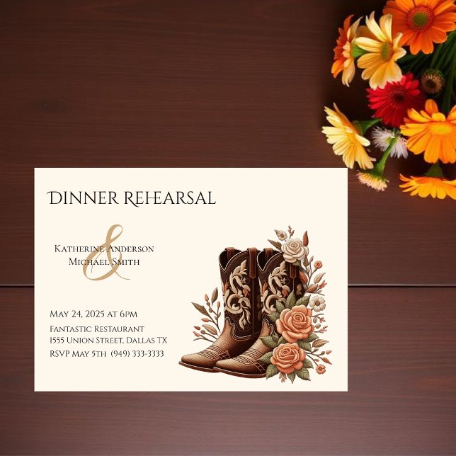 Country Western Flowers with Cowboy Boots Invitation (Country Western-Flowers with Cowboy Boots-Wedding Dinner Rehearsal)