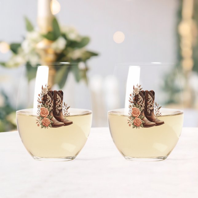 Country Western Flowers with Cowboy Boots Stemless Wine Glass (Insitu (Wedding))