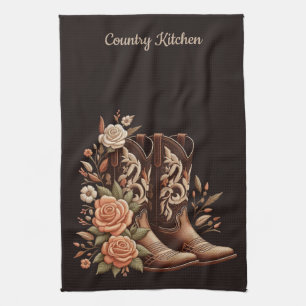 Country Western Flowers with Cowboy Boots Tea Towel