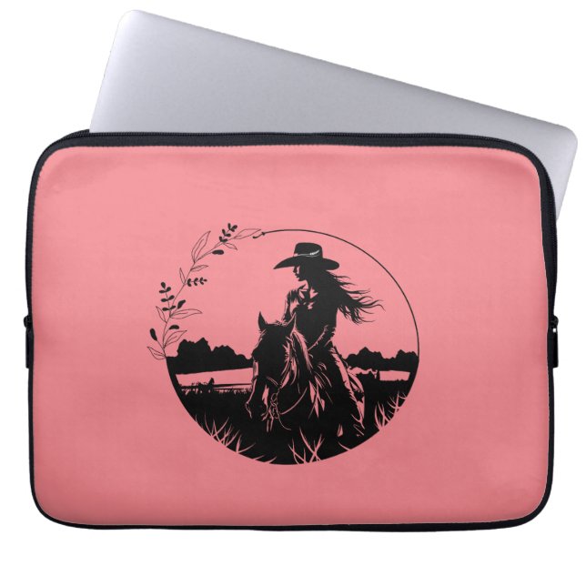 Country Western Girl Horse Riding on Field Laptop Sleeve (Front)