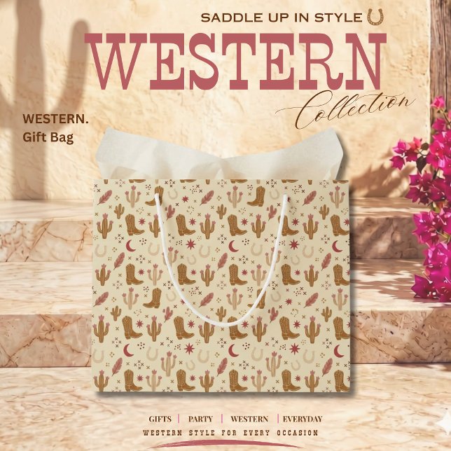 Country Western Hand-Drawn Pattern  Large Gift Bag (Country Western Pattern Boots Horse Shoes Cactus and Feathers Gift Bag)