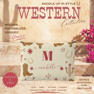 Country Western Hand-Drawn Pattern Monogram Script Accessory Pouch