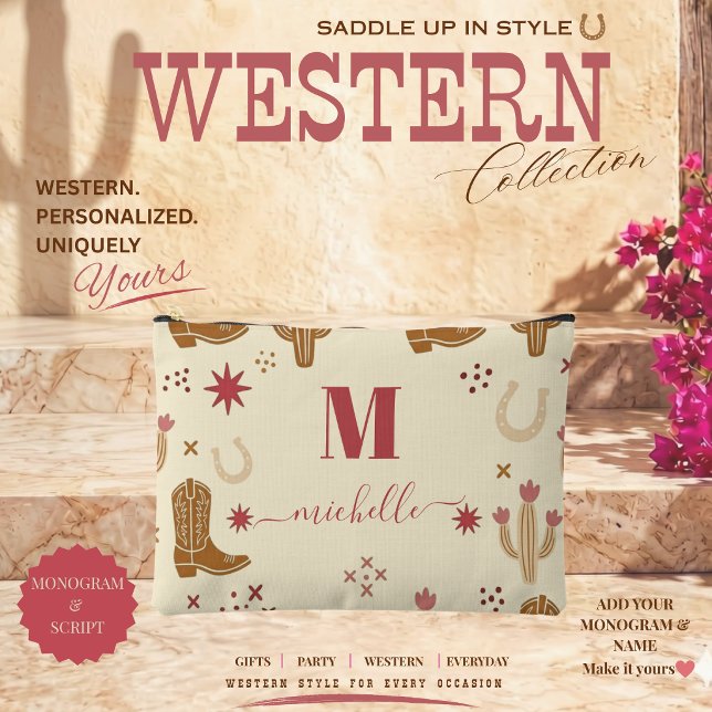 Country Western Hand-Drawn Pattern Monogram Script Accessory Pouch (Country Western Pattern Boots Horse Shoes Cactus and Feathers Monogram Script Pouch)