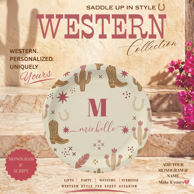 Country Western Hand-Drawn Pattern Monogram Script Paper Plate (Country Western Pattern Boots Horse Shoes Cactus and Feathers Monogram Script )