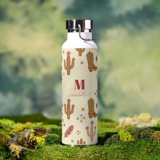 Country Western Hand-Drawn Pattern Monogram Script Water Bottle (Outdoor (Rotated))