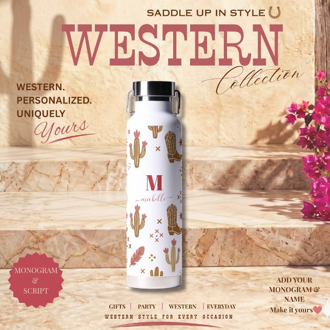 Country Western Hand-Drawn Pattern Monogram Script Water Bottle (Country Western Pattern Boots Horse Shoes Cactus and Feathers Monogram Script Water Bottle)