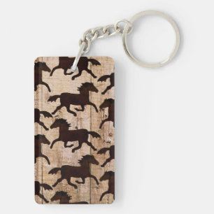Country Western Horses on Barn Wood Cowboy Gifts Key Ring