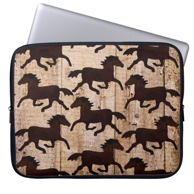 Country Western Horses on Barn Wood Cowboy Gifts Laptop Sleeve (Front)