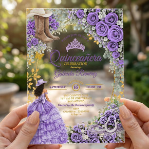 Country Western Lavender Roses Golden Quinceañera Acrylic Invitations