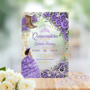 Country Western Lavender Roses Golden Quinceañera Acrylic Invitations
