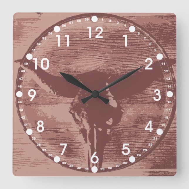 Country Western Longhorns Bull Skull Cowboy Gifts Square Wall Clock (Front)