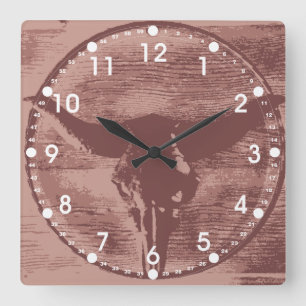 Country Western Longhorns Bull Skull Cowboy Gifts Square Wall Clock