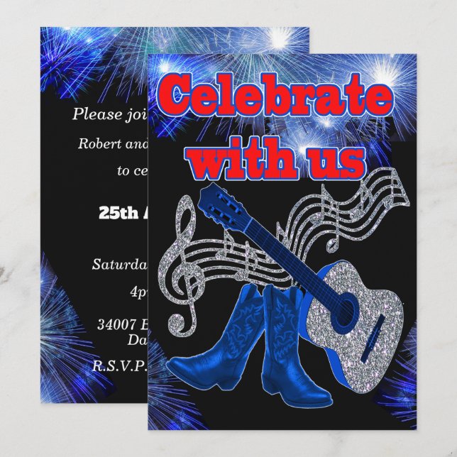 Country Western Music Blue Guitar And Cowboy Boots Invitation (Front/Back)
