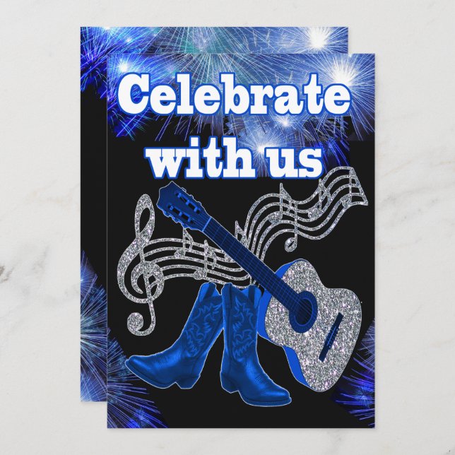 Country Western Music Blue Guitar And Cowboy Boots Invitation (Front/Back)