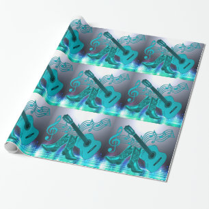 Country Western Music Blue Guitar And Cowboy Boots Wrapping Paper