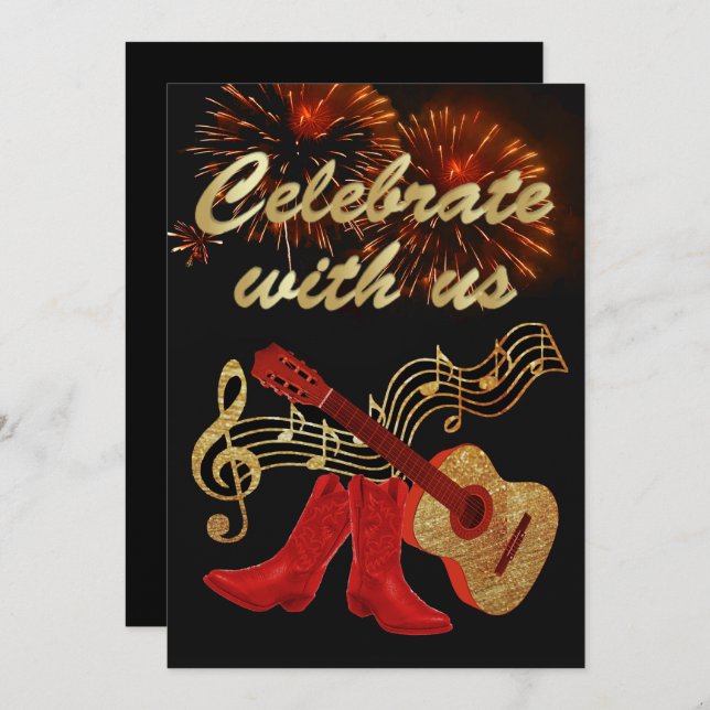 Country Western Music  Guitar And Red Cowboy Boots Invitation (Front/Back)