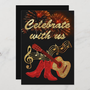 Country Western Music Guitar And Red Cowboy Boots Invitation