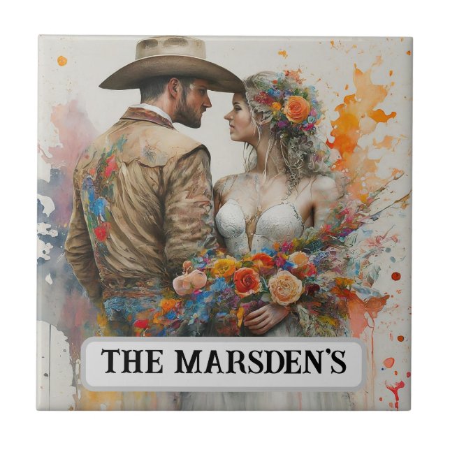 Country Western Newlyweds Watercolor Ceramic Tile (Front)