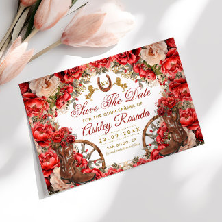 Country Western Quinceanera Red Roses Cowboy Boots Save The Date