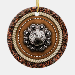 Country Western Rope and Tooled Leather Concho Ceramic Ornament