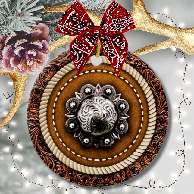 Country Western Rope and Tooled Leather Concho Ceramic Ornament (Creator Uploaded)