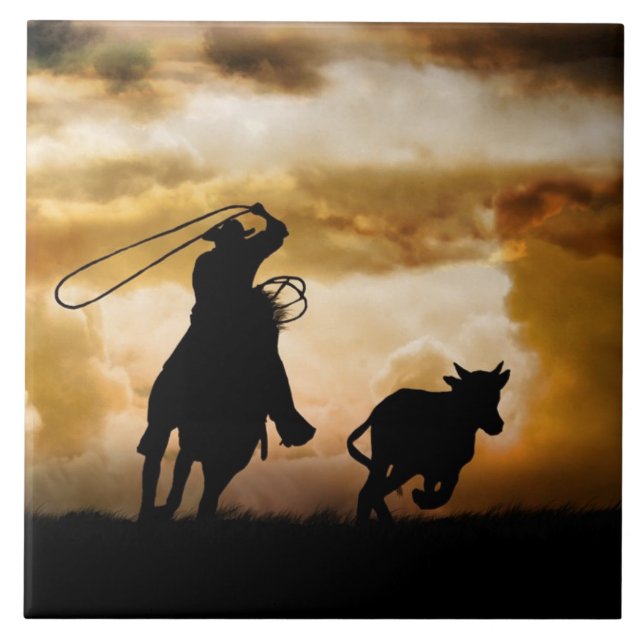 Country Western Roping Cowboy and Horse Ceramic Tile (Front)