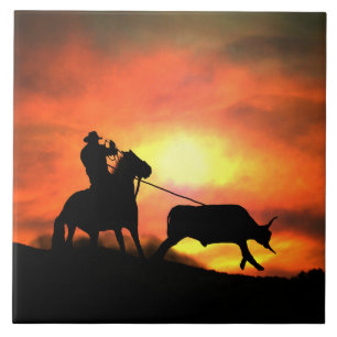 Country Western Roping Cowboy Art Tile