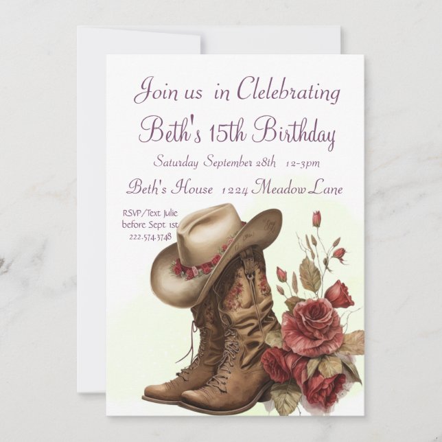 Country Western, Roses, 15th Birthday       Invitation (Front)