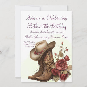 Country Western, Roses, 15th Birthday Invitation