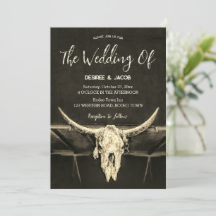 Country Western Rustic Sepia Bull Skull Wedding Invitation