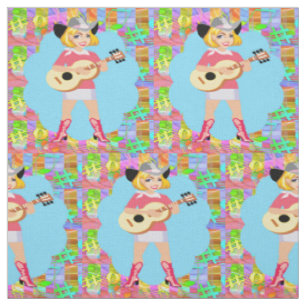 Country Western Singing Cowgirl Stands With Guitar Fabric