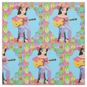 Country Western Singing Cowgirl With Guitar Fabric