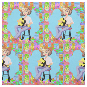 Country Western Singing Cowgirl With Yellow Guitar Fabric