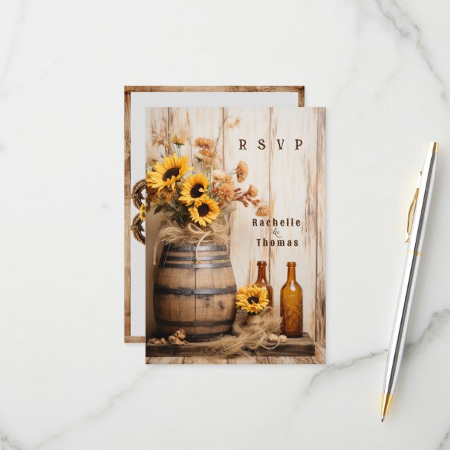 Country Western Sunflowers Whisky Barrel   RSVP Card (Front/Back In Situ)