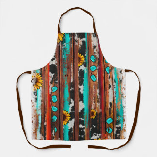 Country Western Sunflowers Wood Turquoise Stones Apron