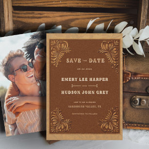 Country Western Tooled Leather Rustic Wedding Save The Date