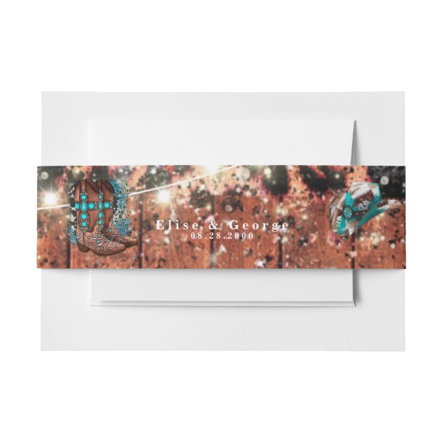Country Western Turquoise Wooden Wedding Custom Invitation Belly Band (Front Example)