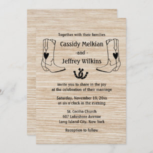 Country Western Wedding Cowboy Boots Rustic Wood Invitation