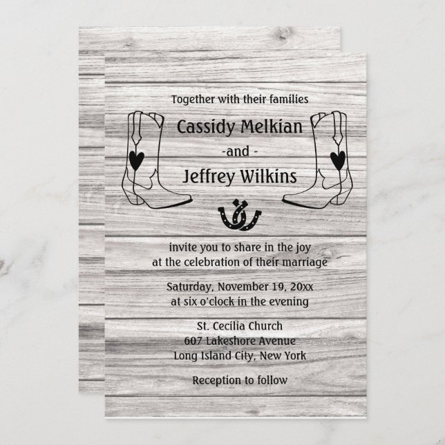 Country Western Wedding Cowboy Boots Rustic Wood Invitation (Front/Back)
