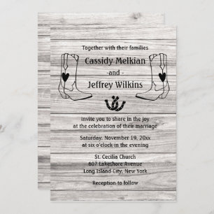 Country Western Wedding Cowboy Boots Rustic Wood Invitation