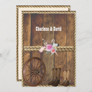 Country Western Wedding Pink Roses Feathers Rope I Invitation