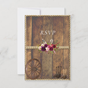 Country Western Wedding Pink Roses Feathers Rope  RSVP Card